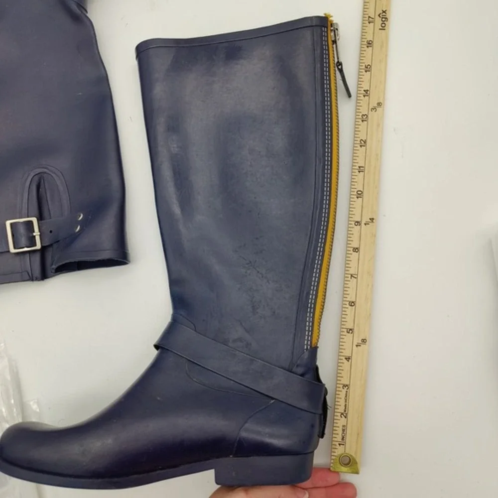 Steve Madden Womens Moto Equestrian Tall Rain Boot 10 Navy Tsunami Harness Zip
